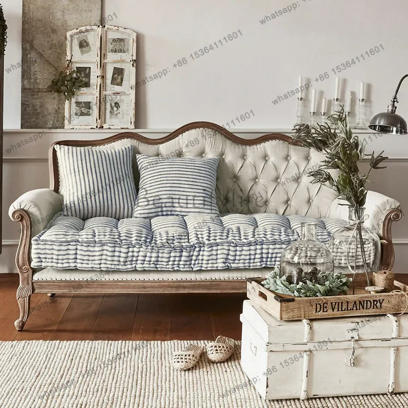 

yj58 French all solid wood sofa small apartment living room fabric sofa retro ash wood carving flower