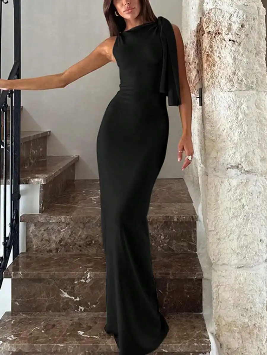 Women's Black Asymmetrical Collar Sleeveless Maxi Dress Elegant Evening Party Wear