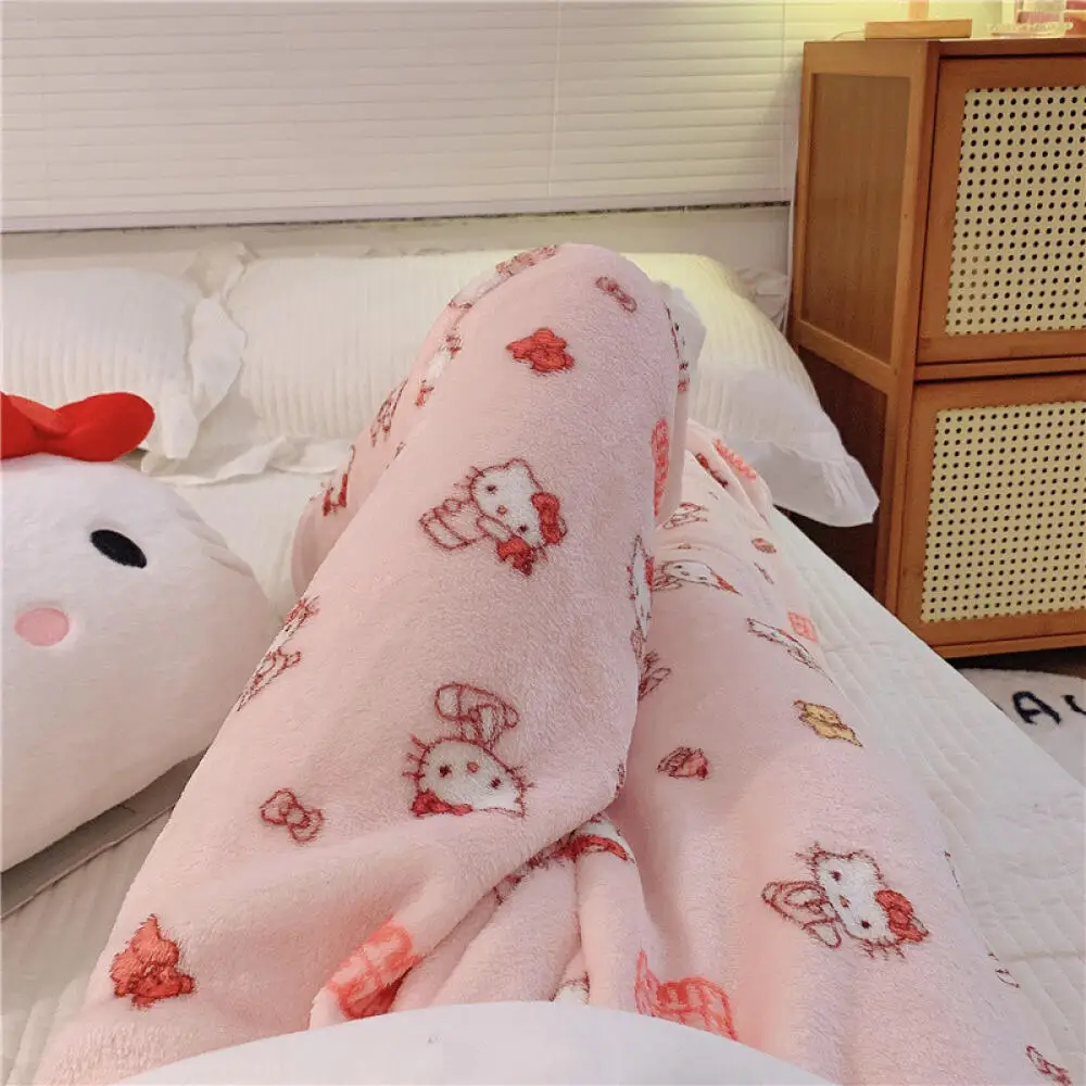 Sanrio Hello Kitty Flannel Pyjama Trouser Cartoon Kitty Cat Casual Warm Home Pants Coral Velvet Lazy Pajamas Household Clothes