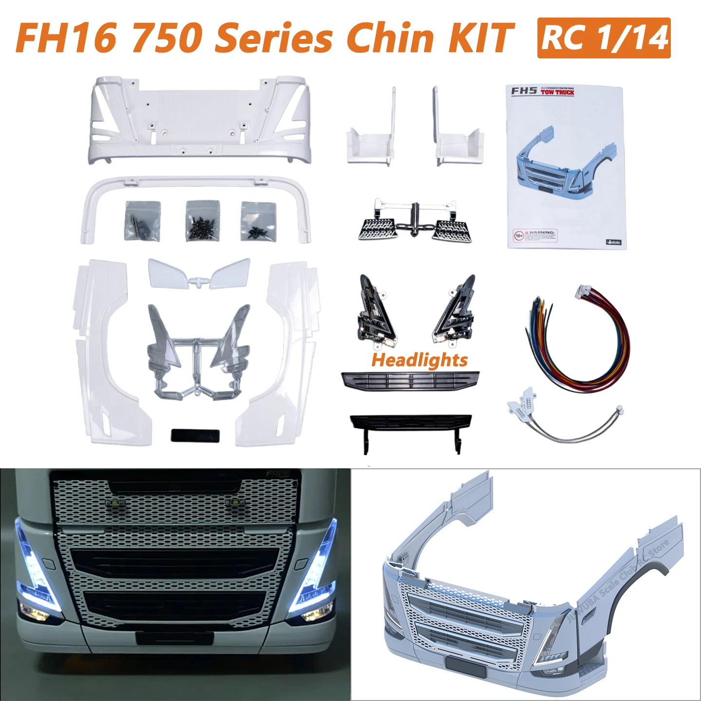 Kit de Parachoques Delantero, Parrilla y Faros FH16 750 para Camión RC Tamiya Volvo 1/14, Serie Volvo FH16 750, Piezas de Mejora DIY