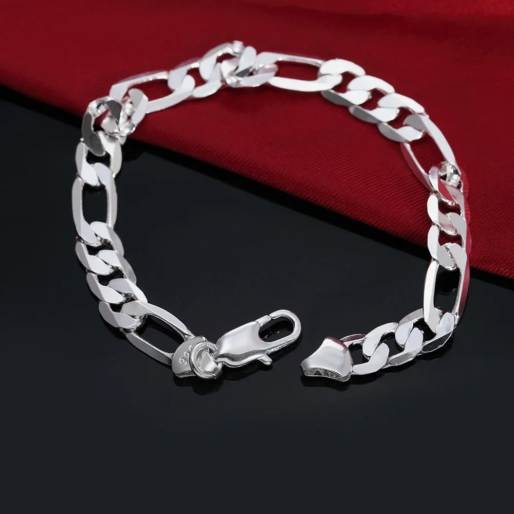 ALIZERO 8 Inch 925 Sterling Silver 8MM Gold/Silver Full Side Figaro Chain Bracelet For Woman Man Fashion Wedding Jewelry Gift