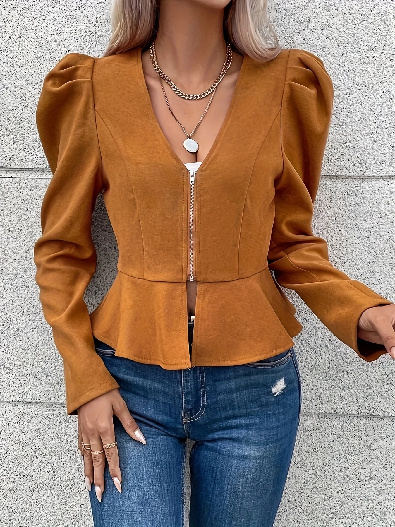 Women's Fashion V-neck Slim Fit Top Folded Long Sleeve Access Zipper Cardigan Short Jacket