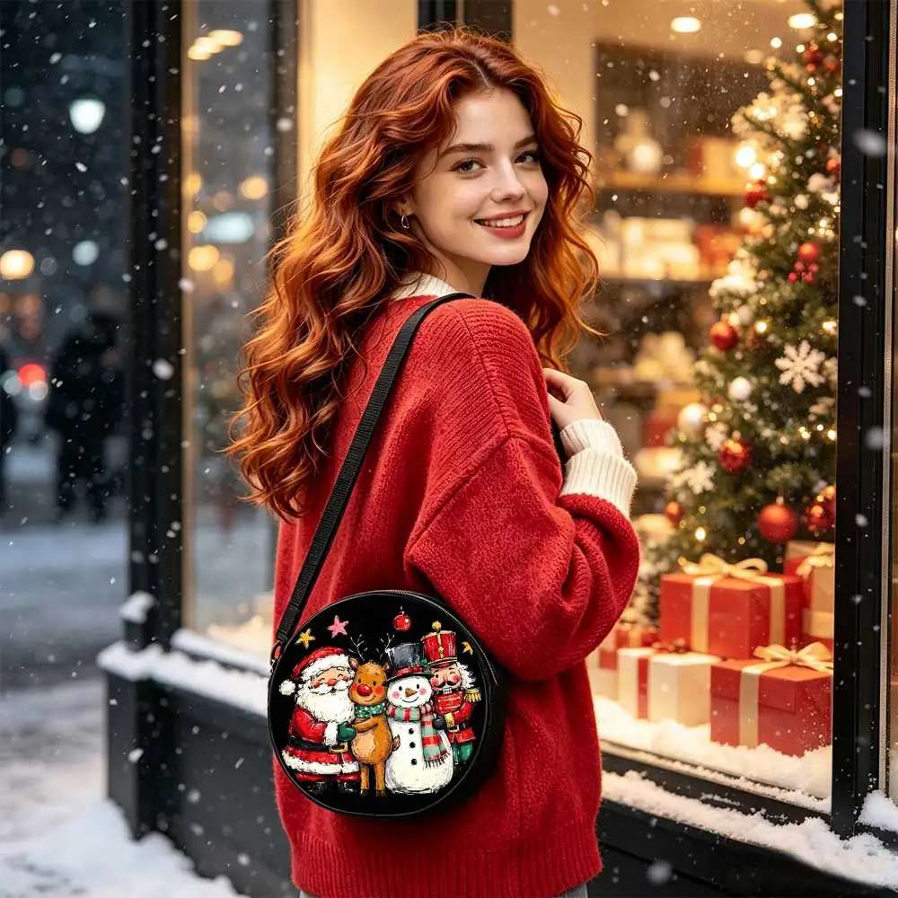 Christmas Carolers Gathering Print Round Women Shoulder Bag, adjustable crossbody strap, 2D flat, casual daily purse, ideal gift
