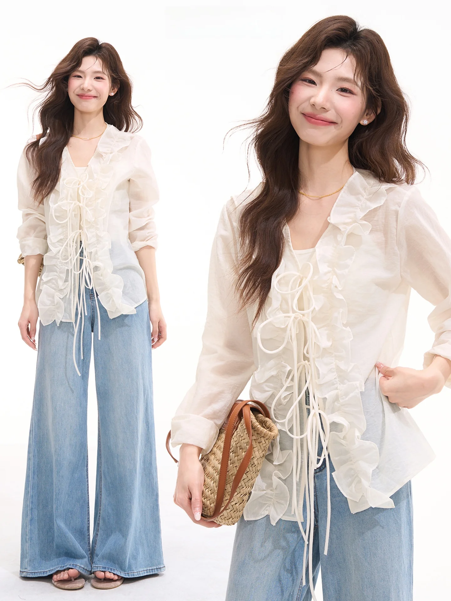 

Летняя женская блузка с длинным рукавом для защиты от солнца, тонкая хлопковая, в клетку, с оборками по низу, на завязках на талии, в милом повседневном стиле