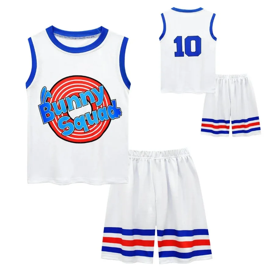 2024 Kinder Tune Squad Space Jam 2 Basketball-Trikot-Set – Cosplay-Kostüm, Weste, Shorts, Sportuniform, Trainingsanzug für Jungen und Mädchen