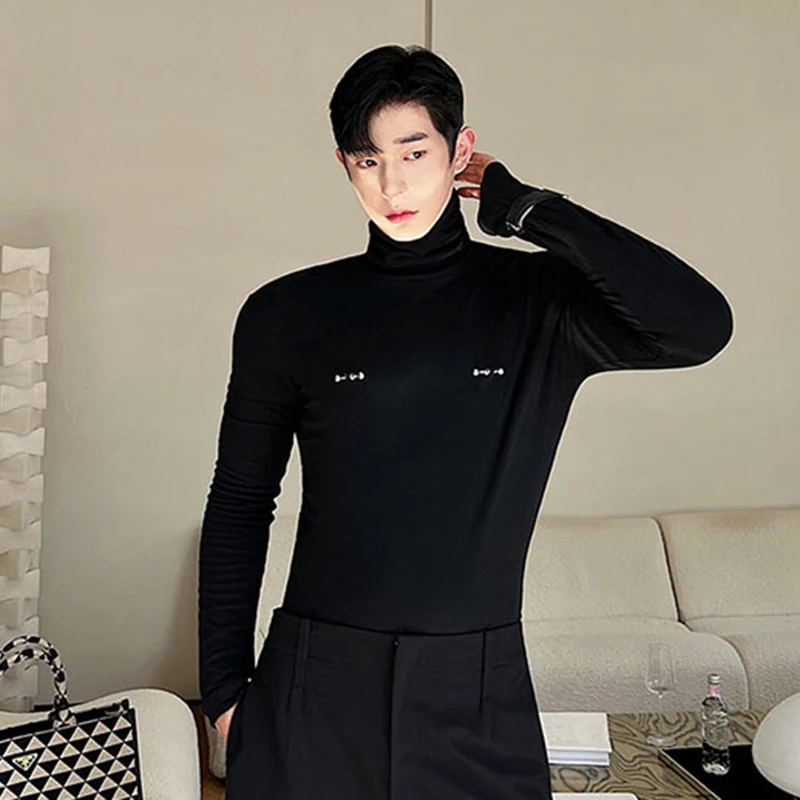 IEFB Slim Male Long Sleeve T-shirts Autumn New Versatile Detachable Breastpin Fashion Niche Design Korean Underlay Tops 9C1590