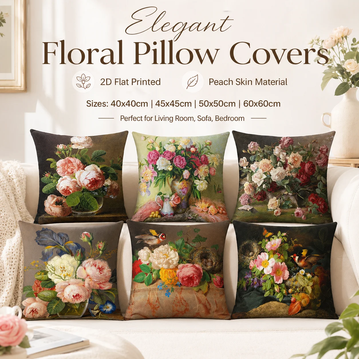 Fundas de almohada con pintura al óleo floral vintage, funda de cojín con estampado plano 2D de piel de melocotón para sofá, sala de estar, decoración del hogar, 45x45cm