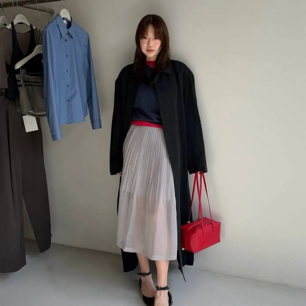 

Весенне-летняя повседневная плиссированная юбка из тюля Dongdaemun Amomnto Jin Hua для женщин, с высокой талией, А-силуэт, для офиса и повседневной носки