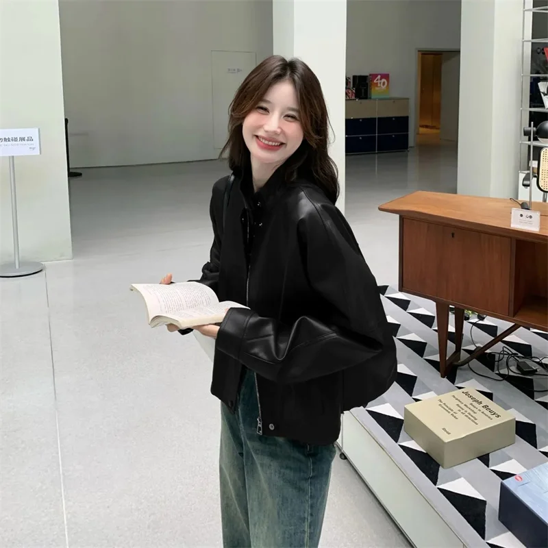 Herbst NewFashion Frauen Leder Jacke Kurzen Mantel Motorrad Oberbekleidung Top Weibliche Streetwear PU Leder Jacken Outwear Damen