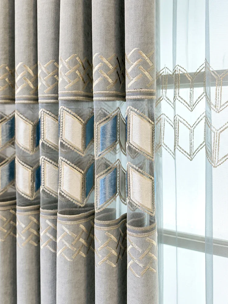 European Gray Hollow Embroidered Chenille Hollow Luxury Curtains for Living Room Bedroom Dining Blackout Custom Size Elegant