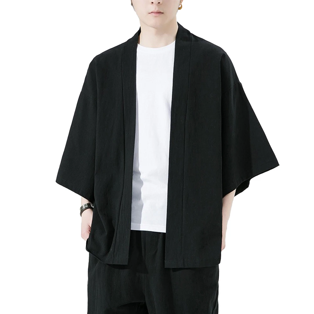 

New Men Cotton Linen Loose Kimono Chinese Style Kimonos Clothes Cardigan Clothing Shirt Seven Quarter Sleeve Solid Men's Shirts