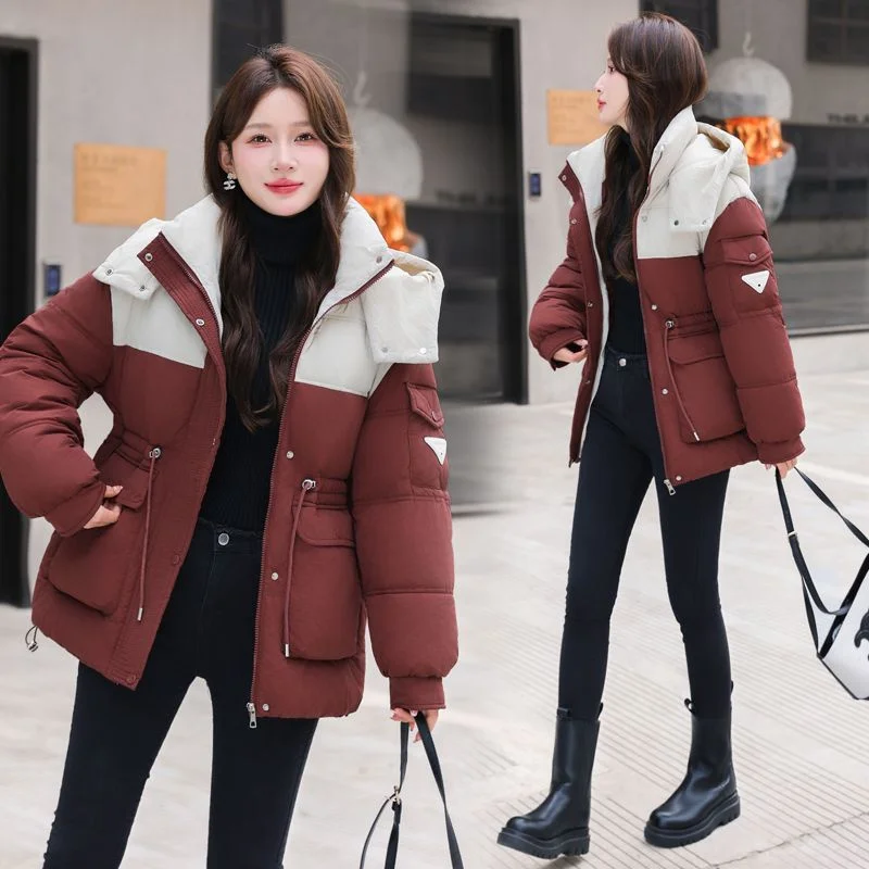 Winter Frauen kurze Daunen Baumwoll jacke Spleißen vielseitige Farb kollision Dame Parka Mantel Mode Temperament Baumwolle gepolstert