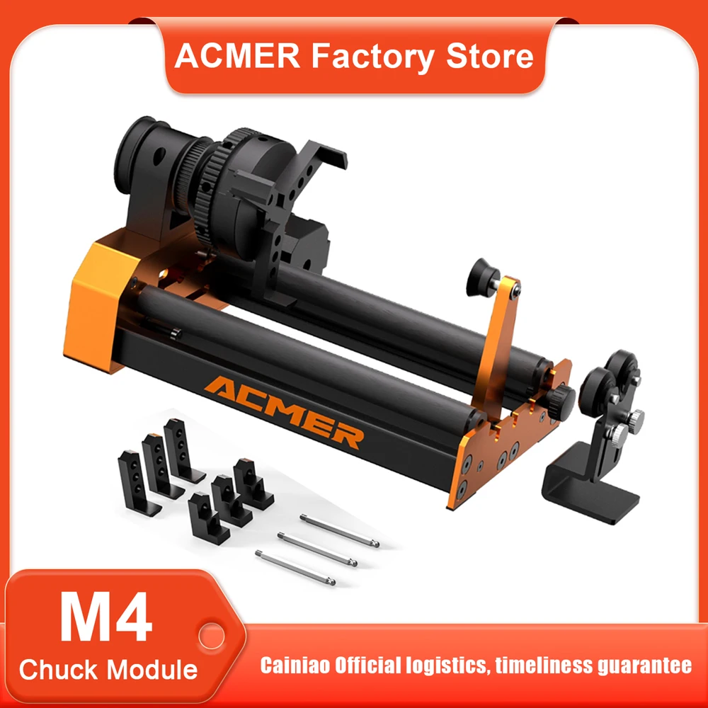 

ACMER M4 лазерный гравер, поворотный модуль, 4-я ось, поворотный для изогнутой поверхности, 3-кулачковый зажим с поворотной осью, диаметр 4-64 мм, аксессуары