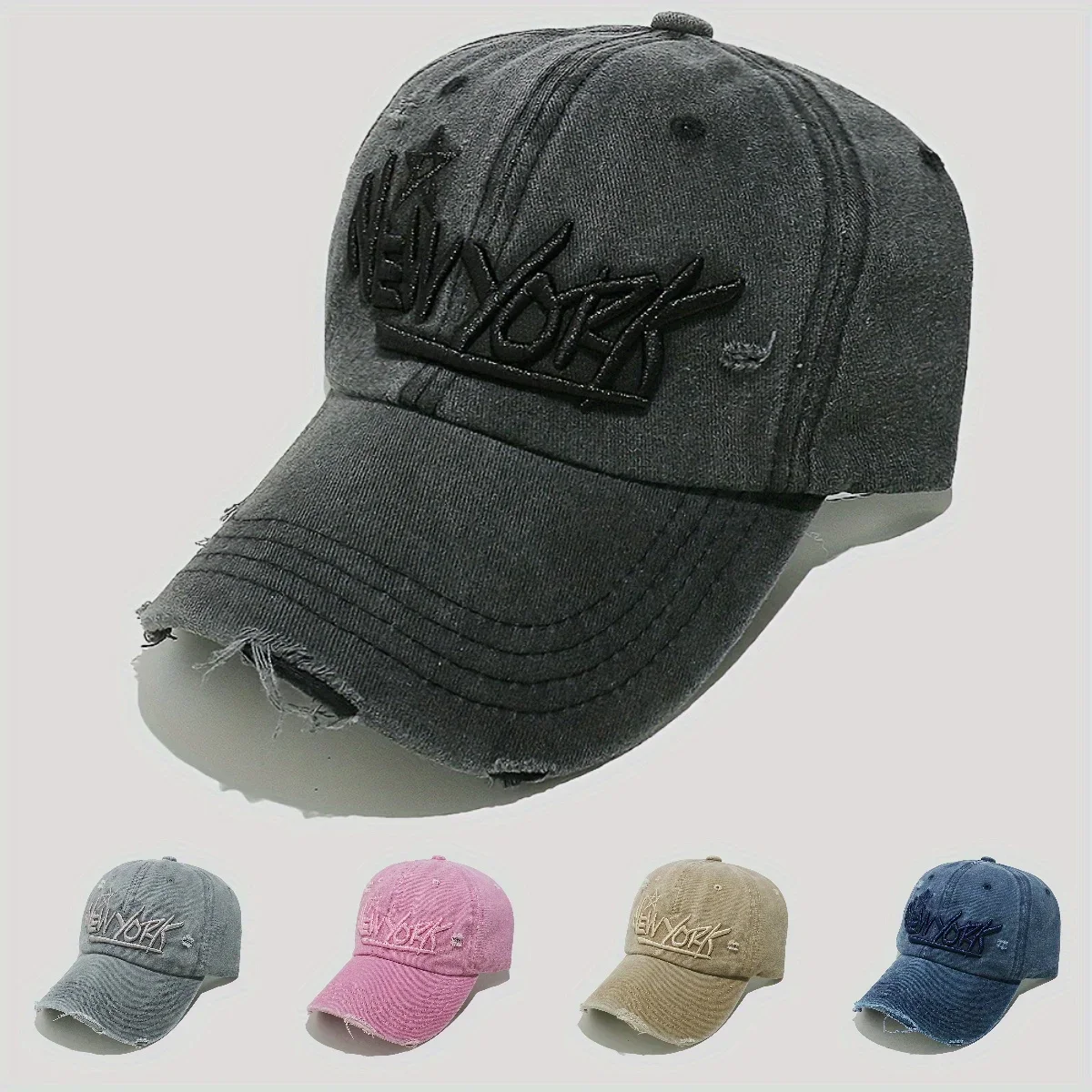 

Adjustable Washed Baseball Cap Solid Color Letter Embroidery Dad Hat UPF Sun Protection for Cycling Travel