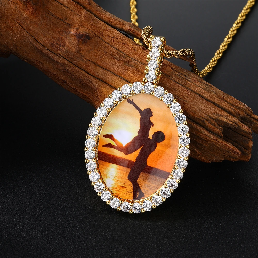 

Hip Hop Big Oval Custom Photo Medallions Iced Bling AAA Cubic Zirconia Personalized Necklace &Pendant For Men Jewelry Solid Back