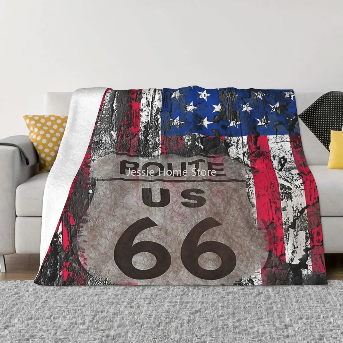 

USA Flag Route 66 Blanket Fleece Spring/Autumn Breathable Soft Throw Blanket for Sofa Car Bedspread