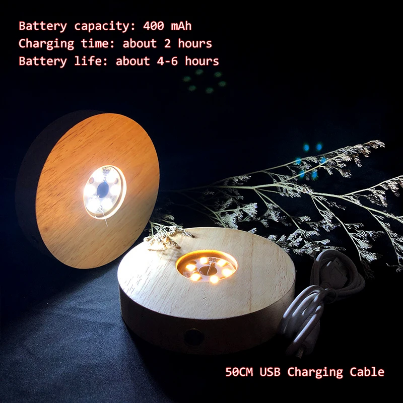10CM Creative DIY Wooden Luminous Lamp Holder Touch Switch Rechargeable LED Light Dispaly Base Crystal Glass Resin Art Ornament