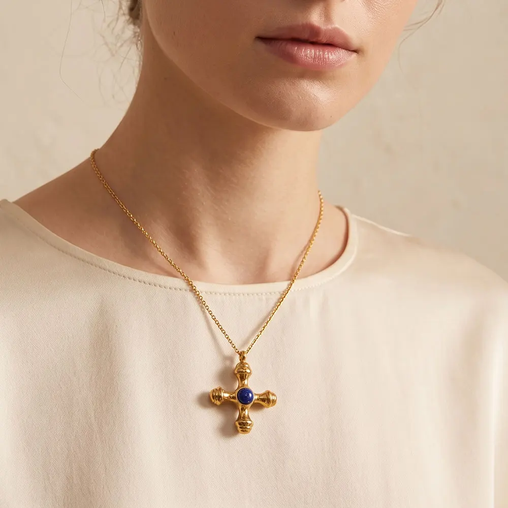 2PCS Stainless Steel Charms Gold Plated Natural Stone Cross Pendant for DIY Necklaces Jewelry Making Parts Wholesale
