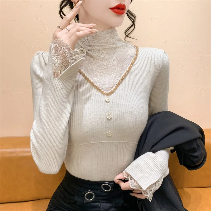 

Slim Fit High Collar Lace Splice Sequin Knitted Sweater Women's Autumn Winter Soft Commute Sle Faion Inner Top irt