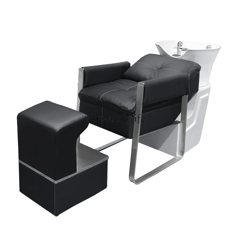 

Fashion hair salon ceramic deep basin flushing semi-reclining shampoo bed for light luxury hair salon