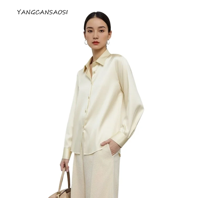 2025 Dames lente en herfst nieuw 93% natuurlijke moerbeizijde Elastisch satijn Commuter effen kleur los licht luxe stijl overhemd
