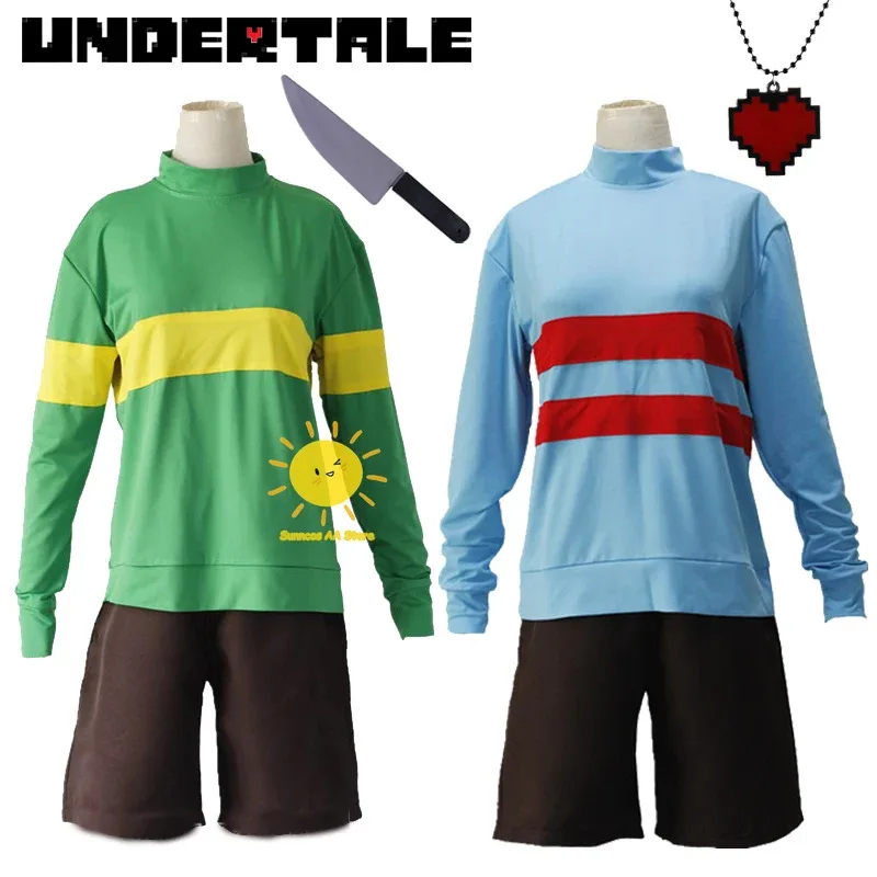 Juego Undertale Frisk Chara disfraz de Cosplay Andertail sudaderas cuello alto ropa de manga larga pantalones cortos juguete cuchillo collar regalo