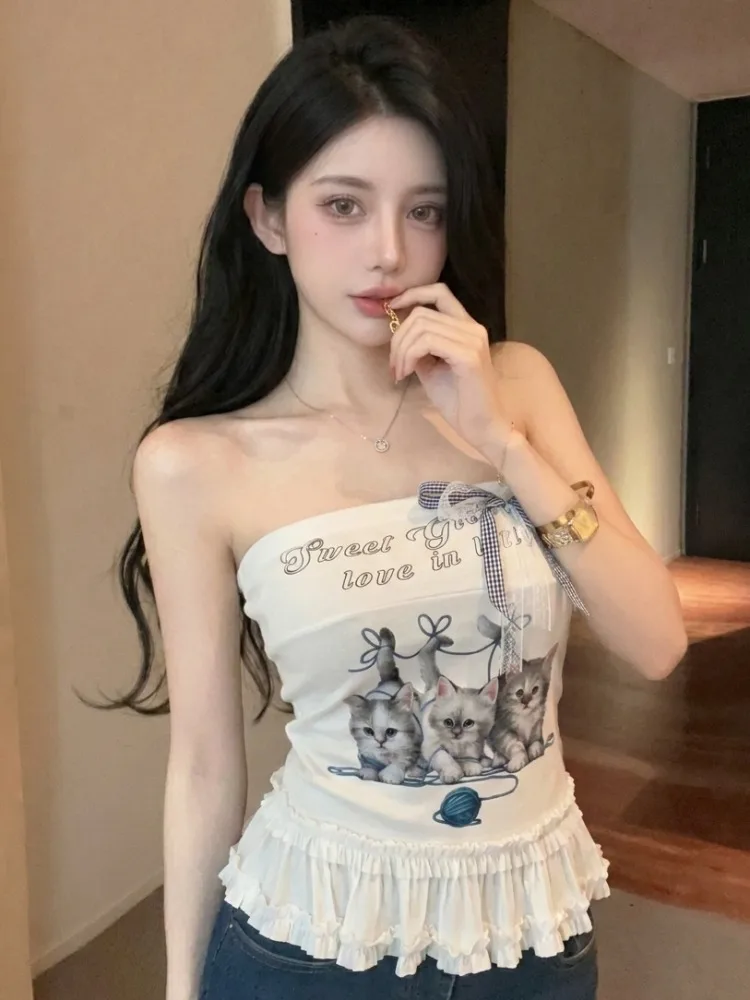 

Korean Style Print Crop Top Women's Slim Fit Vest Summer New Wood Ear Splicing Hem Short Length Printed Tank Top