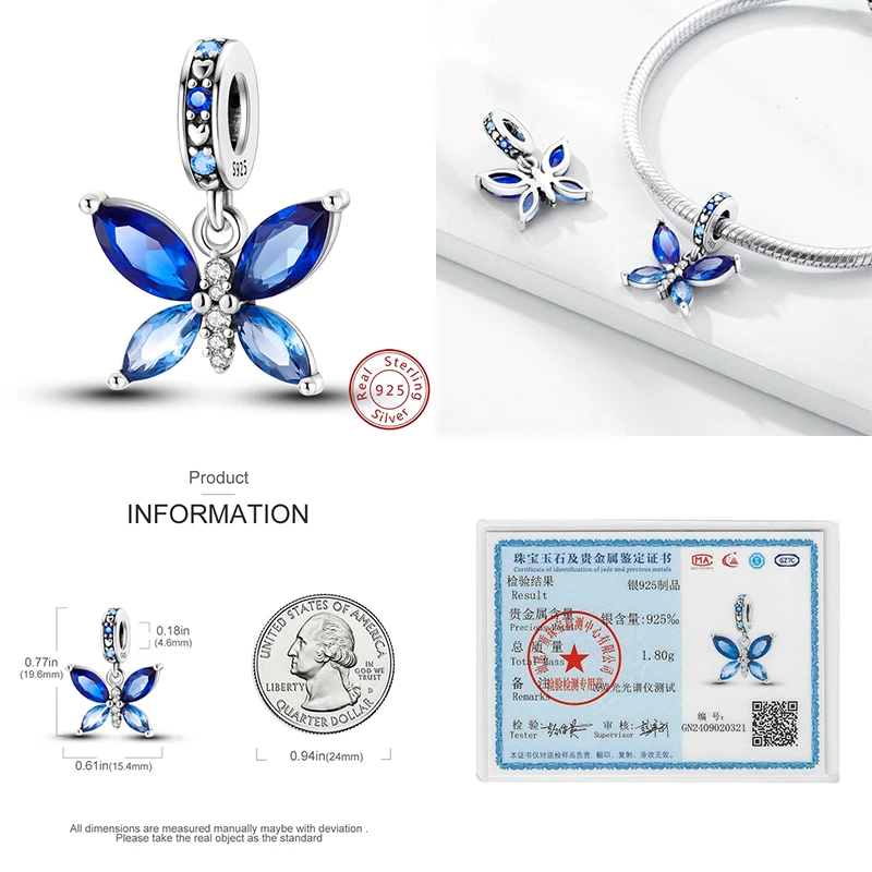 Elegante S925 plata mariposa y libélula Multicolor dijes cuentas colgante DIY joyería fina accesorios regalos