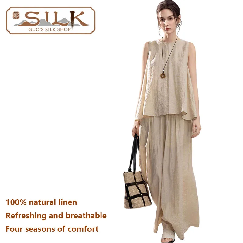 

High-end Natural Pure Linen Women's Set Sleeveless Top and Wide Leg Pants 2 Pieces Loose Large-Sized Casual Cool and Breathable