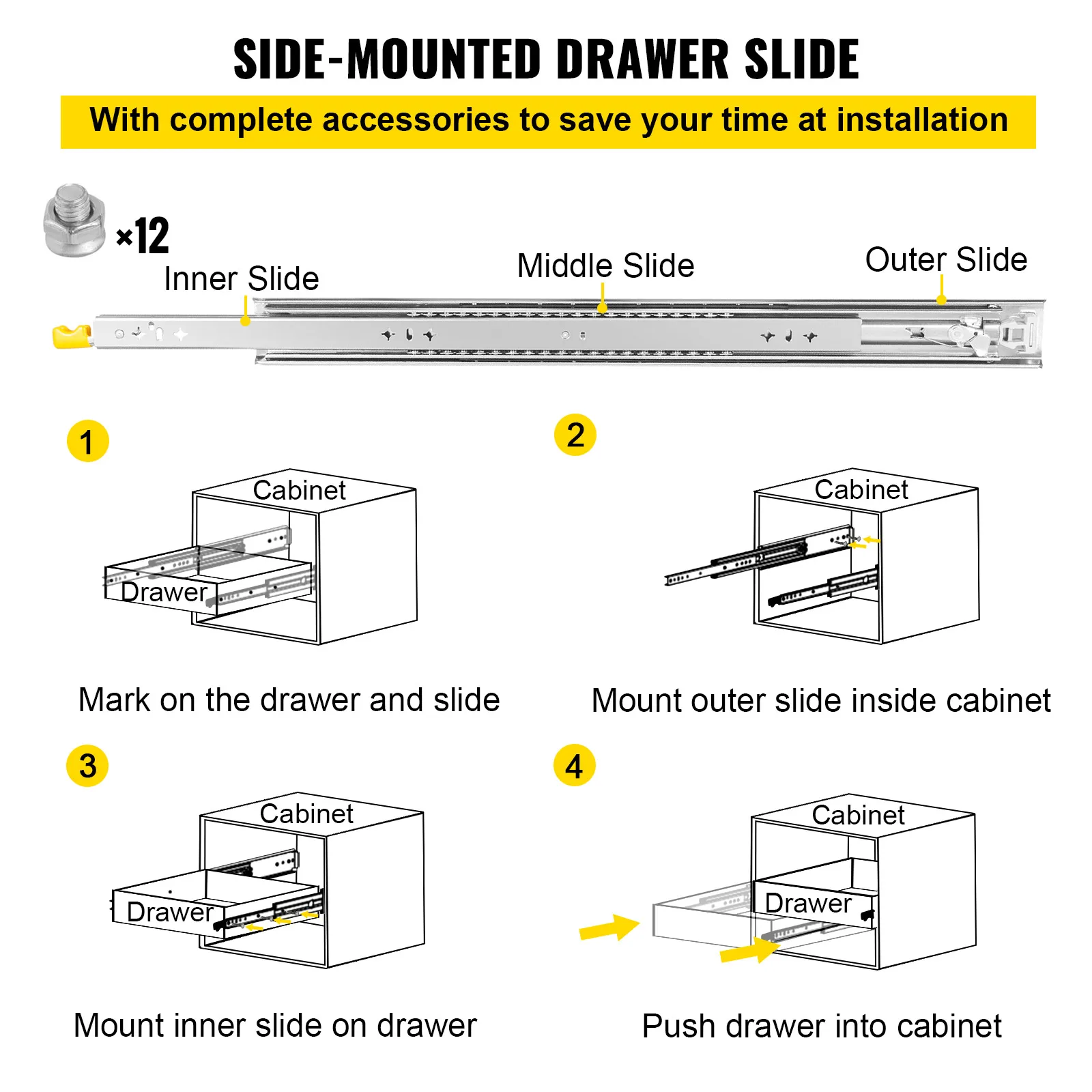 VEVOR Guías para Cajones 2PCS Rieles para Cajones 61x5,3x1,92cm Carriles para Cajones Acero Laminado en Frío Carga 113kg Correderas para Cajones Guías Laterales para Cajones con Rodamiento de Bolas