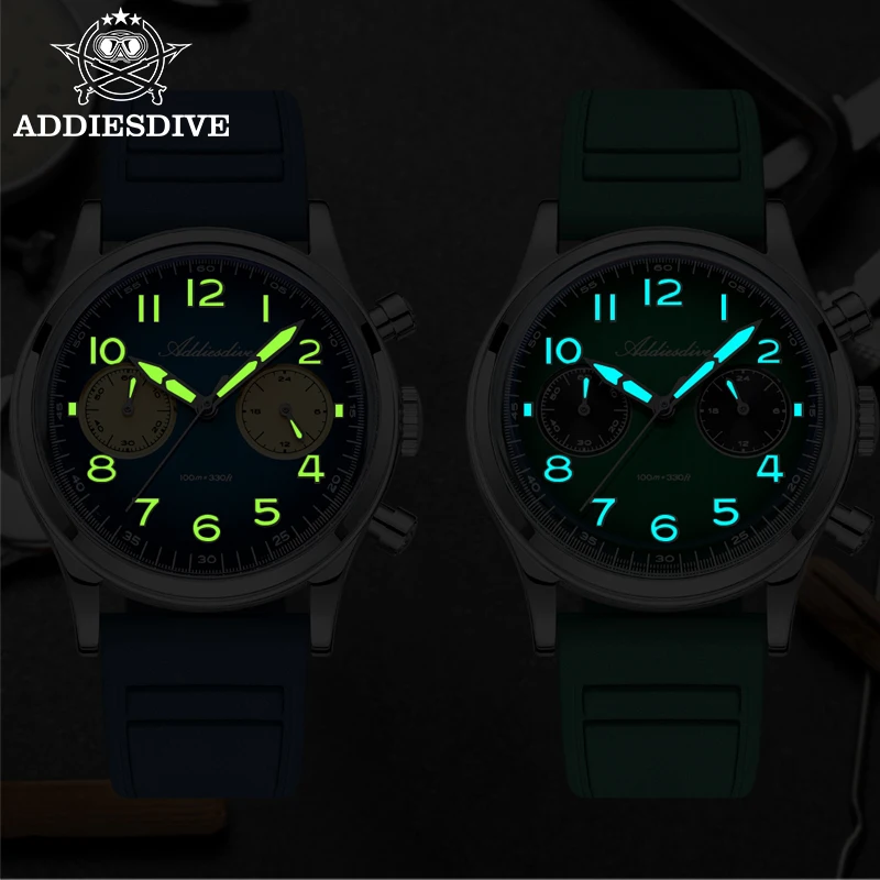 ADDIESDIVE Quartz Chronograph Man Watch 100m Waterproof Luminous 38mm Bubble Mirror Glass Rubber strap Fashion Watches For Man