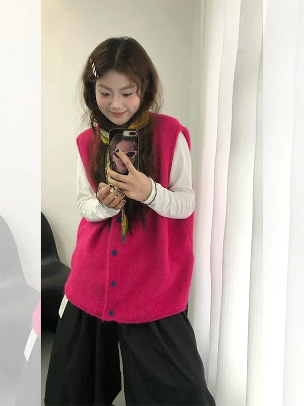 

Spring 2026 Women's Korean Sle Loose Fit Vest Top in Pink Ultra White Enhancing Commute Sle round Ne Single Button Closure