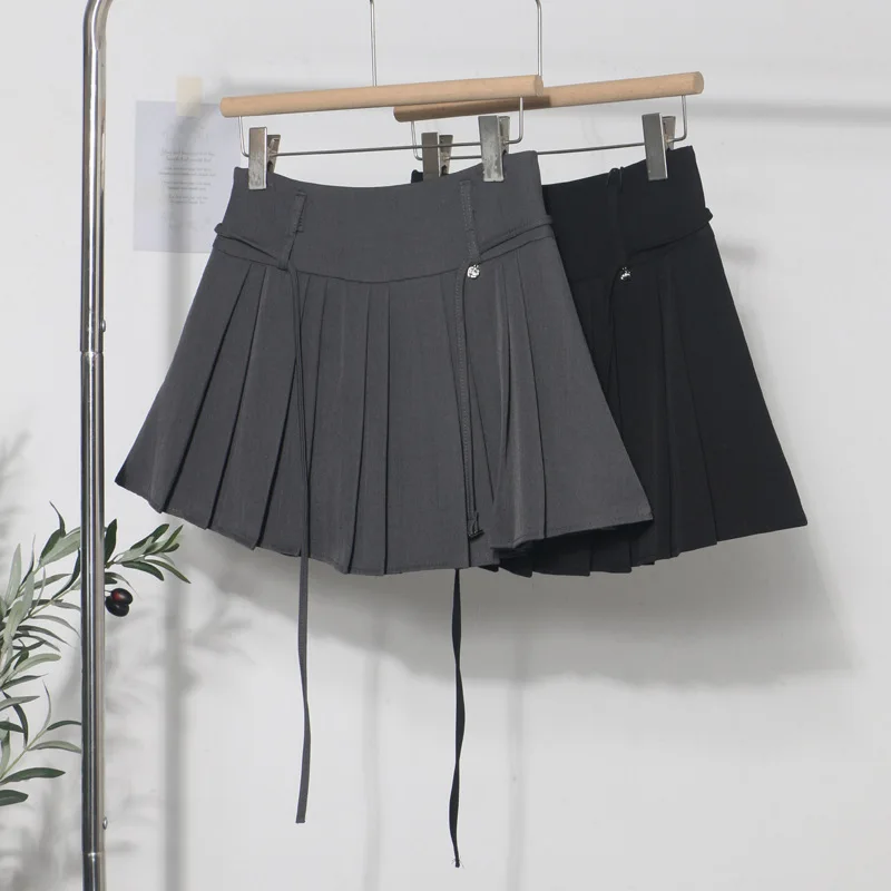 

Spice Girl Gray Skirt Women's High Waist and Thin A-shaped Pleated Skirt with Belt