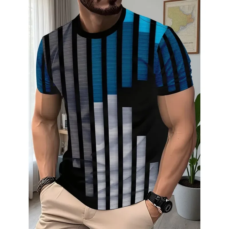 3D Digital Print Men T Shirt 2026 Black Cyan Gray Vertical Stripe Bar Abstract O Neck Short Sleeve Casual Top Fashion Tee