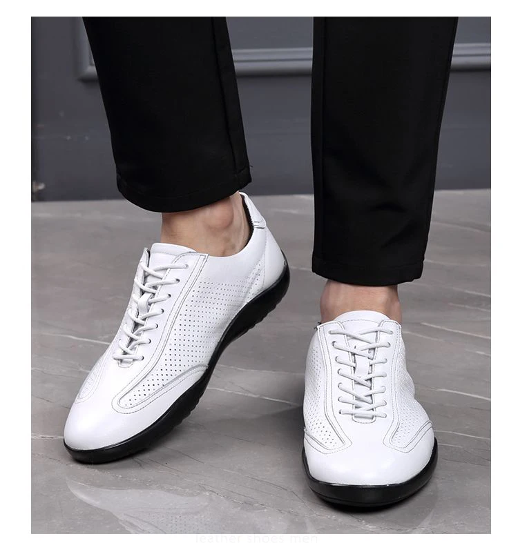 Genuine Leather Shoes Men Casual Luxury Sneaker Hollow Out Hole Summer Breathable Lightweight Flat Bean Shoe Elegant Driving