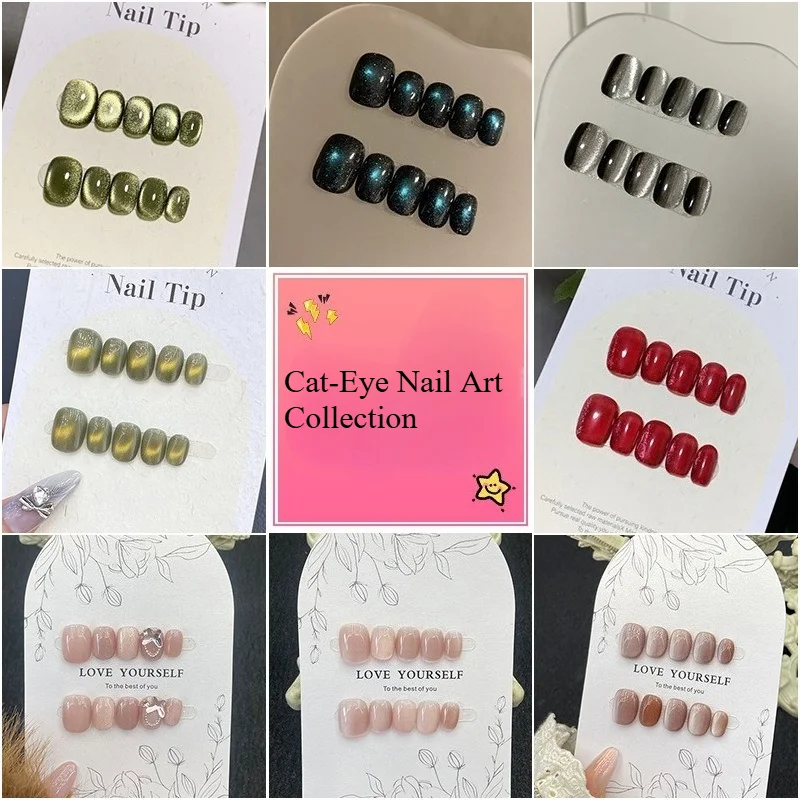

10Pcs Handmade Nails All-Size Cat-Eye Collection—Short Fairy-Like Nails with A Press-On Design Perfect As A Gift for Girls