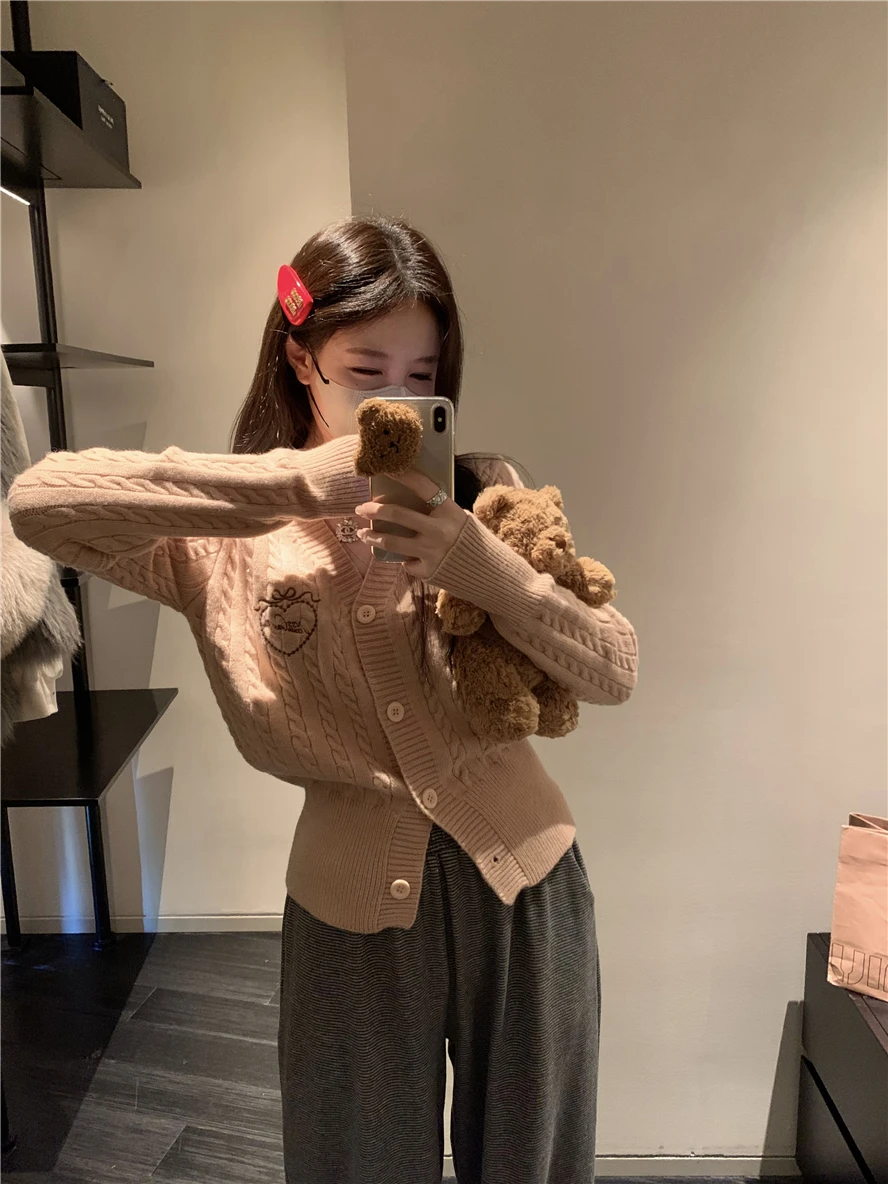 

Ретро колледж Sle хаки V-Ne вязаный кардиган на одной пуговице женский осенний теплый швейный верхняя одежда топ Long Sve