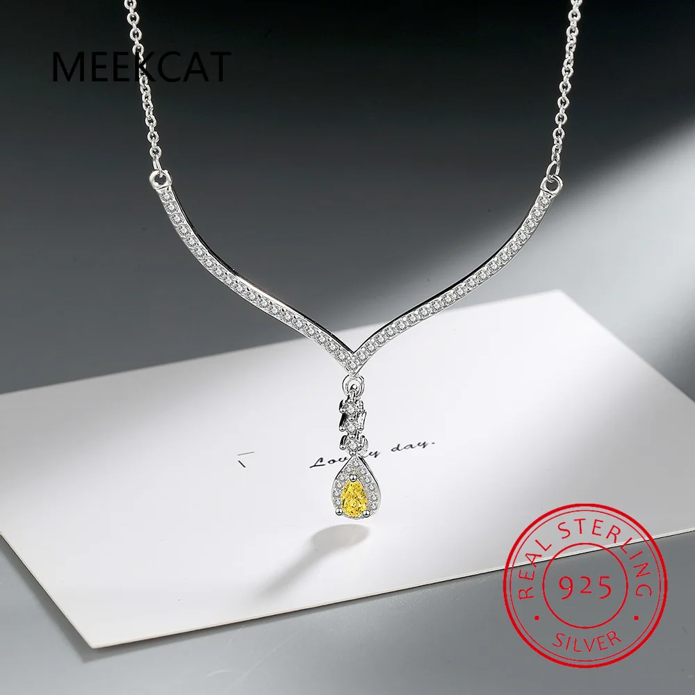 Pear Yellow Genuine Natural Citrine 925 Sterling Silver V Shape Pendant Necklace for Women Statement Moissanite Gemstone Choker