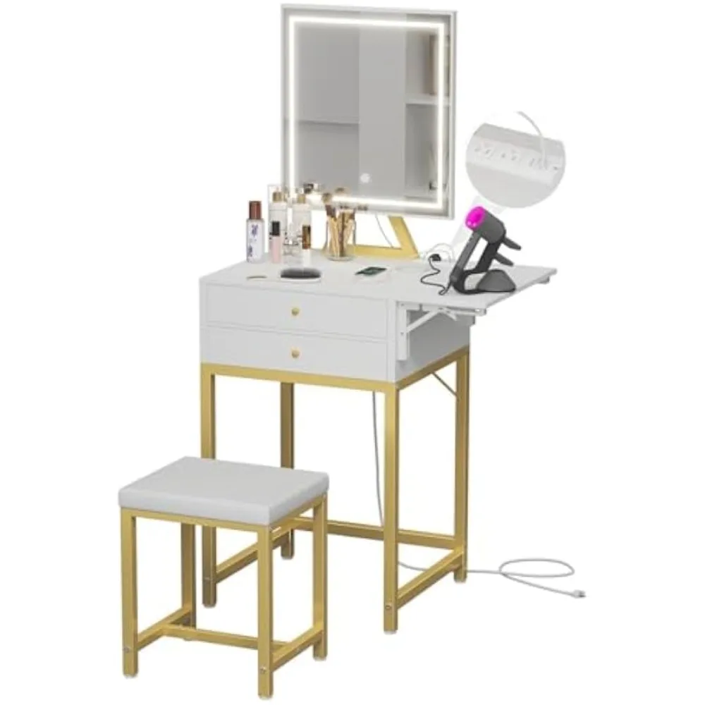 

Small Makeup Vanity Desk with Lights - White Girls Vanity Set with Mirror and Chair, Make Up Dresser Table with Drawers and Powe