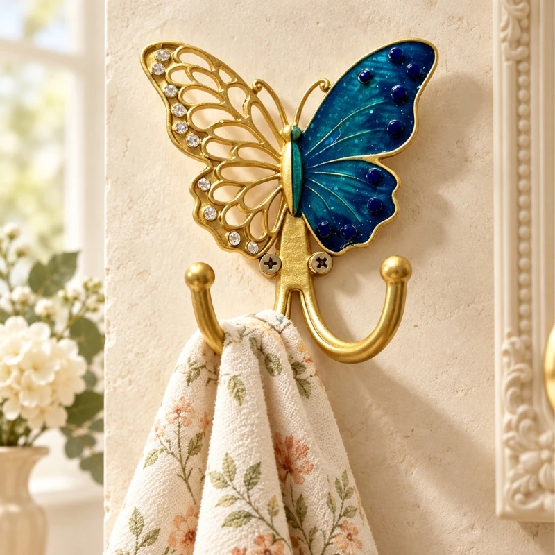 Metal Hook with European-Style Butterfly Detail and Two Curved Arms for Hanging Hats, Scarves, Keys and Bags on 37JD