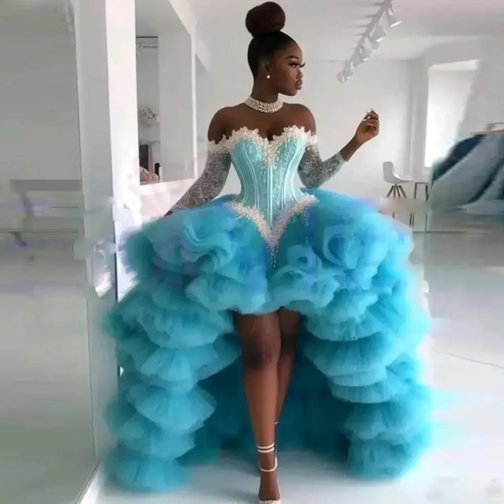 

Бальное платье Высокие низкие платья для выпускного вечера Синее с открытыми плечами и длинными рукавами Вечернее платье Aso Ebi Выпускные платья Праздничные платья