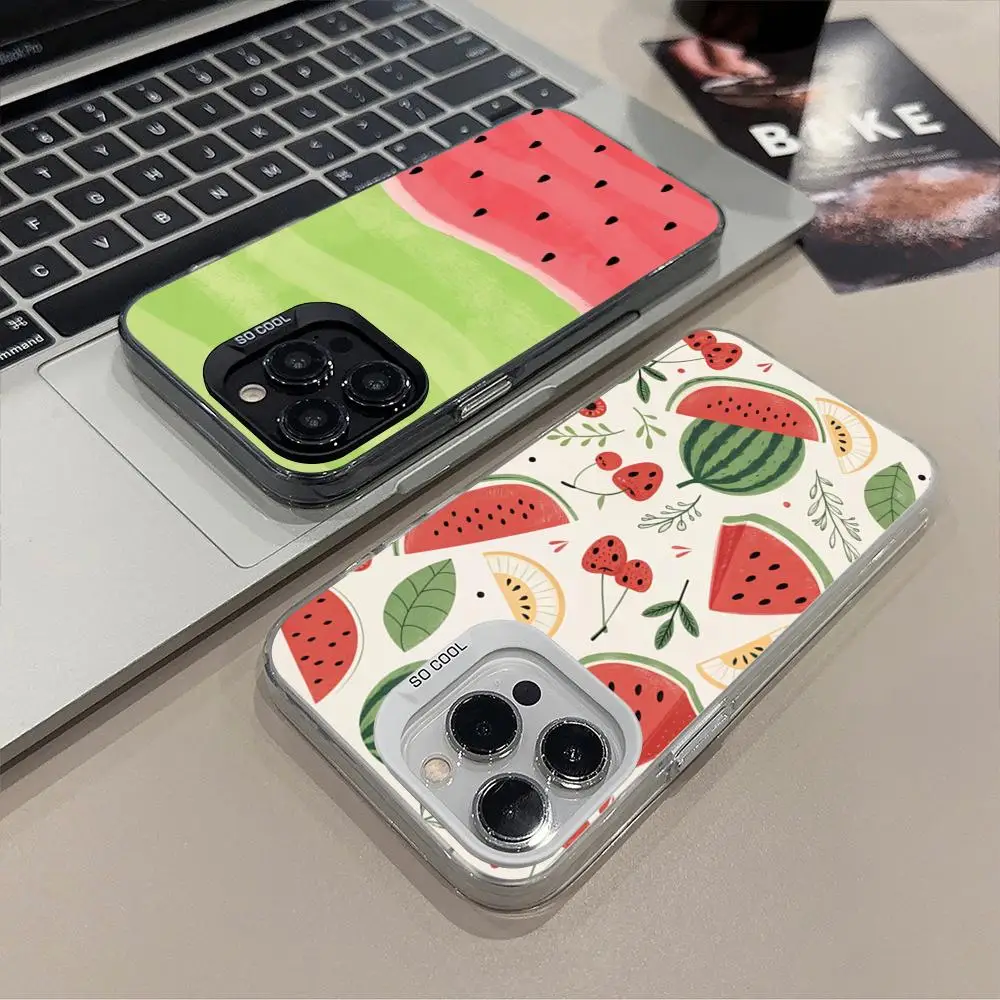 Summer Watermelon Cute Cartoon Phone Case Matte Colored Silver For IPhone 15 14 16 13 12 11 Pro Max Plus XS X Shockproof Hard Co