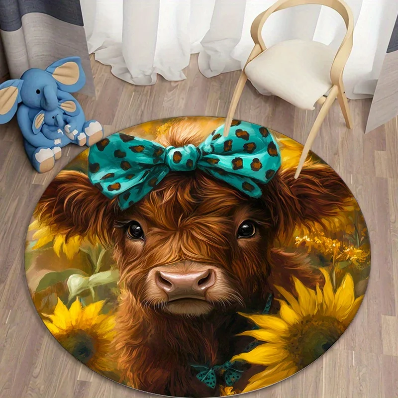 Highland Cattle Sunflower Round Area Rug - 2D Printed Non-Slip Floor Mat for Living Room Bedroom & Playroom, 1PC