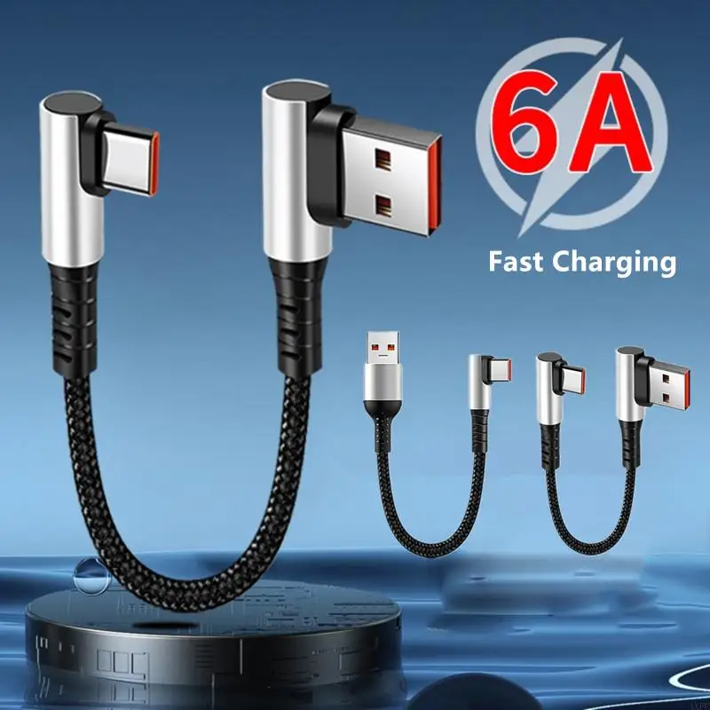 6A 0.25 0.5M Short Cable 90 Degree Elbow USB A To Type C Cable Fast Charging Data Cord Power Bank Wire For Phone Speakers