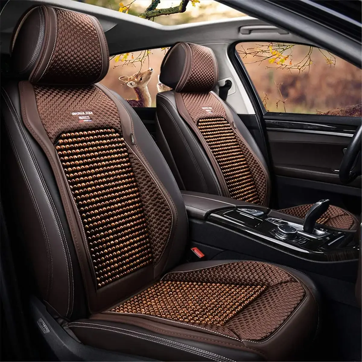 1/2x Car Seat Covers Interior Accessories Wooden Bead Seat Cushion Summer Cool Auto Seat Mat Pad PU Leather Breathable Handmade