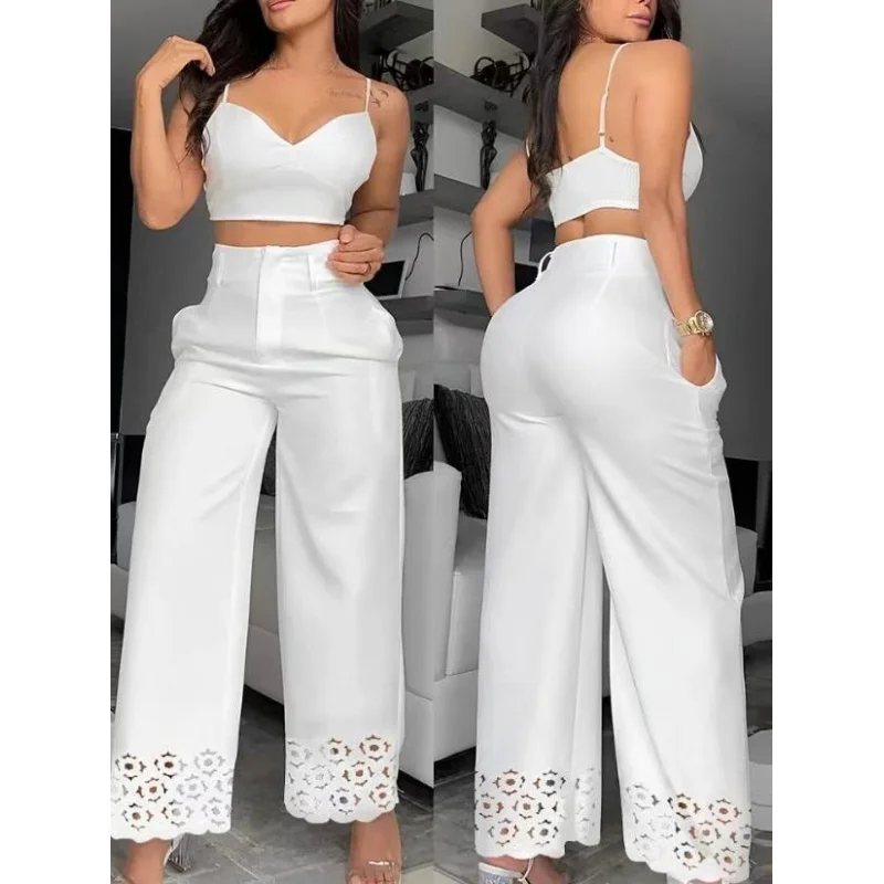 2023European and American Foreign Trade Women's Clothing Elegant Solid Color Sling+High Waist Hollow-out Straight-Leg Trousers S