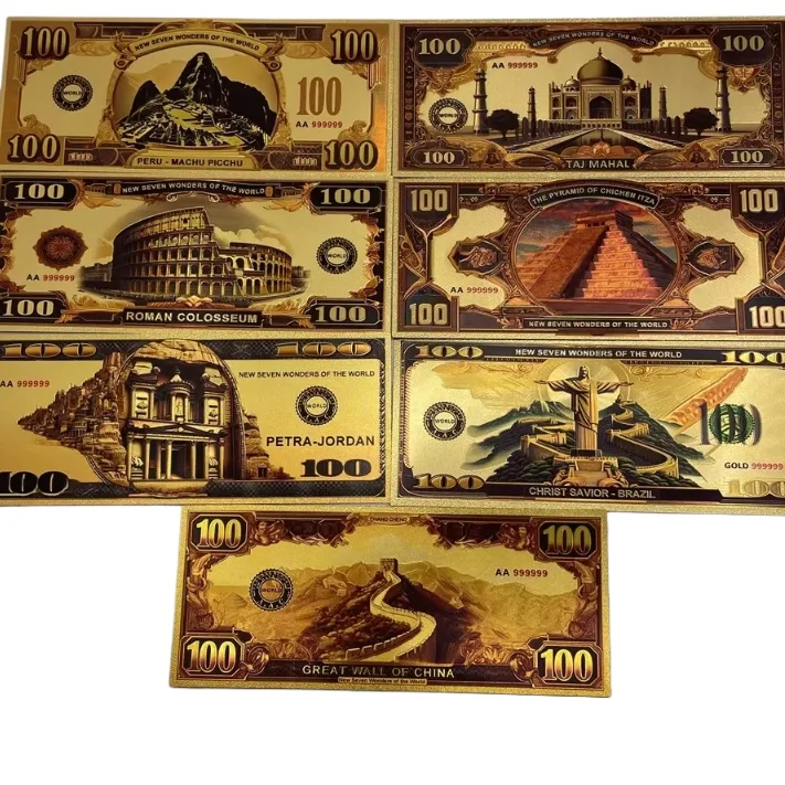 Preferred Gift 2025 NEW Seven Wonders of The World Gold Foil Banknote Taj Mahal Colosseum Chichen Itza Petra Machu Picchu