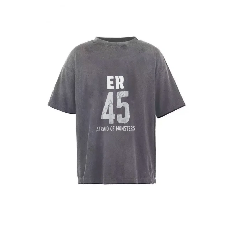 تي شيرت رجالي مغسول أسود ER 45 خائف من الوحوش نمط مطبوع جودة عالية 100% قطن 230 جرام