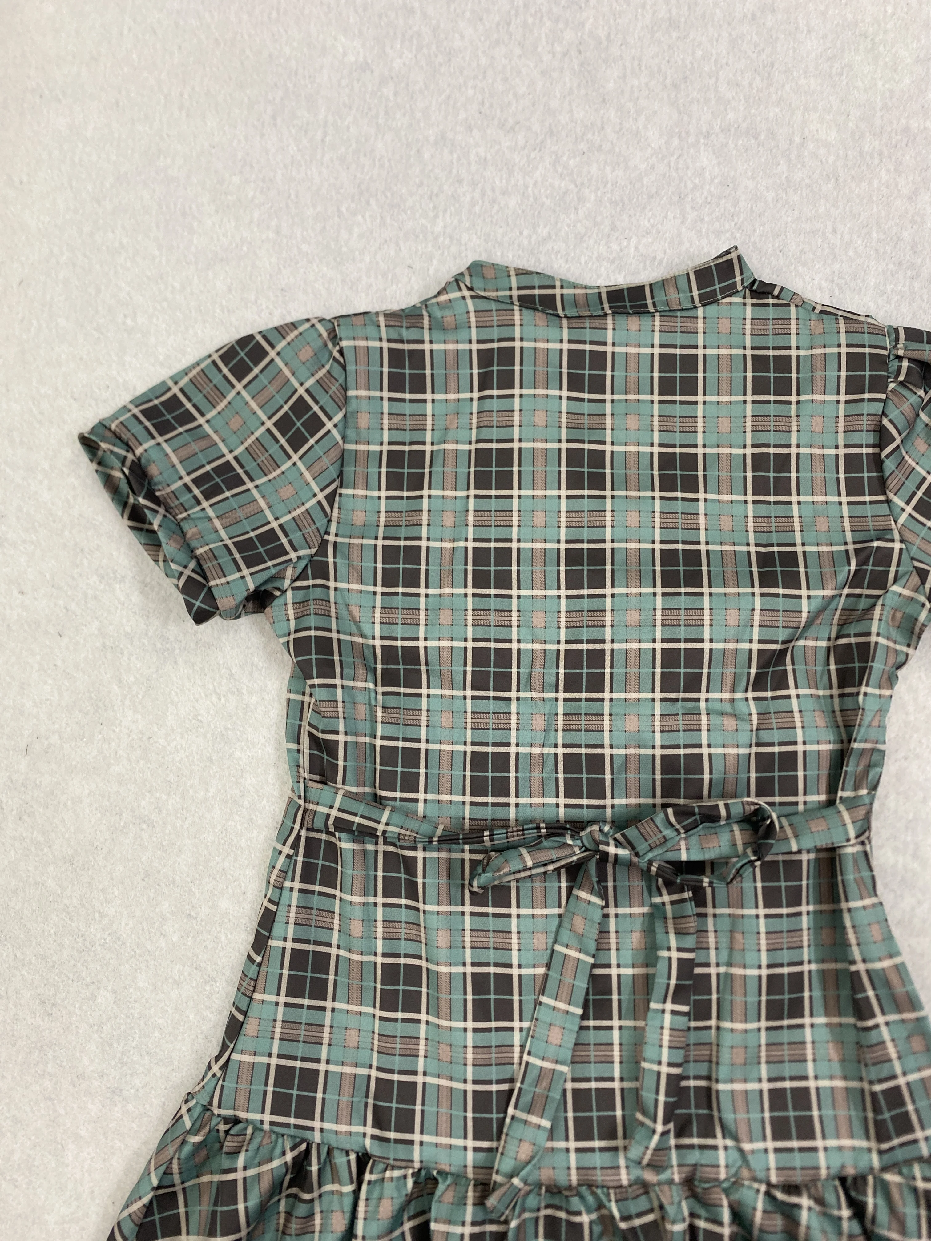 Damen Vintage Kariertes A-Linien-Minikleid Kurzarm Stehkragen Knopfleiste Plissiert Lässig Elegant Modisch – Detail 17