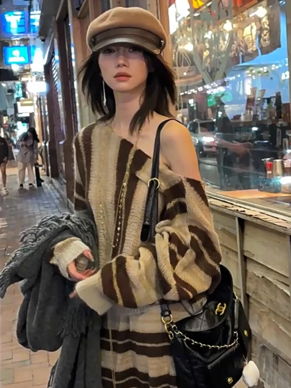 

American Design Loose Long Sleeve Hollow out Knitted Sweater Sexy Shoulder Bared Outerwear for Autumn Casual Fashion Set